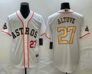 Cheap Mens Houston Astros #27 Jose Altuve Number 2023 White Gold World Serise Champions Patch Cool Base Stitched Jersey