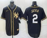 Cheap Men's New York Yankees #2 Derek Jeter Black Gold Cool Base Stitched Baseball Jersey