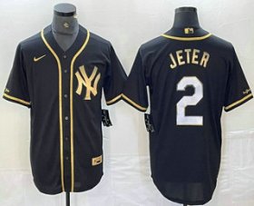 Cheap Men\'s New York Yankees #2 Derek Jeter Black Gold Cool Base Stitched Baseball Jersey