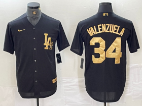 Cheap Men\'s Los Angeles Dodgers #34 Toro Valenzuela Black Gold Cool Base Stitched Baseball Jersey