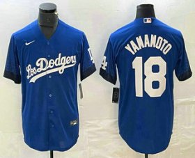 Cheap Men\'s Los Angeles Dodgers #18 Yoshinobu Yamamoto Blue 2021 City Connect Cool Base Stitched Jersey