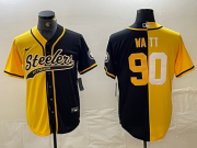 Cheap Men's Pittsburgh Steelers #90 TJ Watt Yellow Black Split With Patch Cool Base Stitched Baseball Jersey