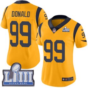 Wholesale Cheap Nike Rams #99 Aaron Donald Gold Super Bowl LIII Bound Women\'s Stitched NFL Limited Rush Jersey