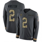 Wholesale Cheap Nike Saints #2 Jameis Winston Anthracite Salute to Service Men's Stitched NFL Limited Therma Long Sleeve Jersey