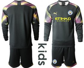 Wholesale Cheap Manchester City Blank Black Goalkeeper Long Sleeves Kid Soccer Club Jersey