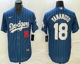 Cheap Men\'s Los Angeles Dodgers #18 Yoshinobu Yamamoto Number Blue Pinstripe Cool Base Stitched Baseball Jersey1