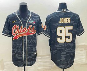 Cheap Men\'s Kansas City Chiefs #95 Chris Jones Grey Camo With Super Bowl LVII Patch Cool Base Stitched Baseball Jersey