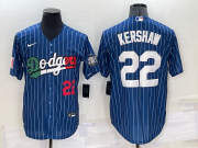Wholesale Cheap Men's Los Angeles Dodgers #22 Clayton Kershaw Number Navy Blue Pinstripe 2020 World Series Cool Base Nike Jersey