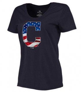 Wholesale Cheap Women\'s Cleveland Indians USA Flag Fashion T-Shirt Navy Blue