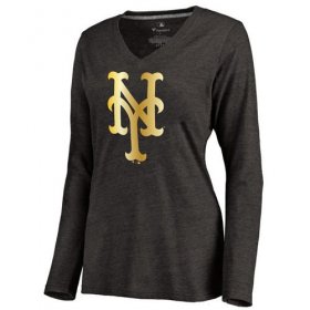 Wholesale Cheap Women\'s New York Mets Gold Collection Long Sleeve V-Neck Tri-Blend T-Shirt Black