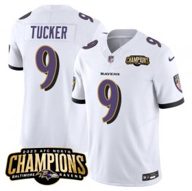 Cheap Men\'s Baltimore Ravens #9 Justin Tucker White 2023 F.U.S.E. AFC North Champions Vapor Limited Football Stitched Jersey