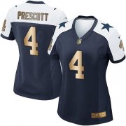 Wholesale Cheap Nike Cowboys #4 Dak Prescott Navy Blue Thanksgiving Throwback Women's Stitched NFL Elite Gold Jersey