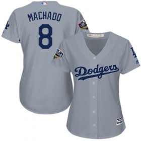 Wholesale Cheap Dodgers #8 Manny Machado Grey Alternate Road 2018 World Series Women\'s Stitched MLB Jersey