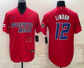 Cheap Mens Puerto Rico Baseball #12 Francisco Lindor Number 2023 Red World Baseball Classic Stitched Jersey