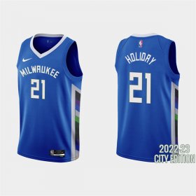 Wholesale Cheap Men\'s Milwaukee Bucks #21 Jrue Holiday 2022-23 City Edition Blue Stitched Basketball Jersey