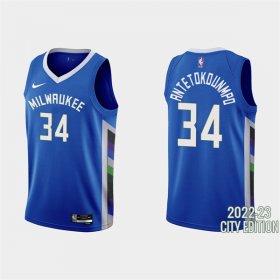 Wholesale Cheap Men\'s Milwaukee Bucks #34 Giannis Antetokounmpo 2022-23 City Edition Blue Stitched Basketball Jersey