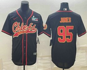 Cheap Men\'s Kansas City Chiefs #95 Chris Jones Black With Super Bowl LVII Patch Cool Base Stitched Baseball Jersey