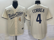 Wholesale Cheap Men's Minnesota Twins #4 Carlos Correa Number Cream 2022 City Connect Cool Base Stitched Jersey