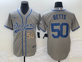 Wholesale Cheap Men\'s Los Angeles Dodgers #50 Mookie Betts Number Grey With Patch Cool Base Stitched Baseball Jersey