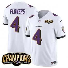 Cheap Men\'s Baltimore Ravens #4 Zay Flowers White 2023 F.U.S.E. AFC North Champions Vapor Limited Football Stitched Jersey