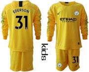 Wholesale Cheap Manchester City #31 Ederson Yellow Goalkeeper Long Sleeves Kid Soccer Club Jersey