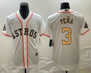 Cheap Men's Houston Astros #3 Jeremy Pena 2023 White Gold World Serise Champions Patch Cool Base Stitched Jersey