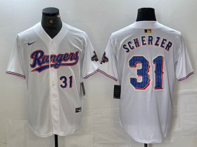 Cheap Men\'s Texas Rangers #31 Max Scherzer Number White 2023 World Series Champions Cool Base Jerseys