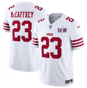 Cheap Men\'s San Francisco 49ers #23 Christian McCaffrey White 2024 F.U.S.E. Super Bowl LVIII Patch Vapor Untouchable Limited Football Stitched Jersey