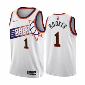 Wholesale Cheap Men\'s Phoenix Suns #1 Devin Booker 2022-23 White 75th Anniversary Association Edition Stitched Jersey