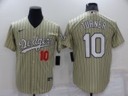Wholesale Cheap Men's Los Angeles Dodgers #10 Justin Turner Cream Pinstripe Stitched MLB Cool Base Nike Jersey