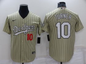Wholesale Cheap Men\'s Los Angeles Dodgers #10 Justin Turner Cream Pinstripe Stitched MLB Cool Base Nike Jersey