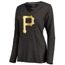 Wholesale Cheap Women\'s Pittsburgh Pirates Gold Collection Long Sleeve V-Neck Tri-Blend T-Shirt Black