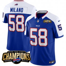 Cheap Men\'s Buffalo Bills #58 Matt Milano Blue White 2023 F.U.S.E. AFC East Champions With 4-star C Ptach Football Stitched Jersey