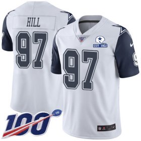 Wholesale Cheap Nike Cowboys #97 Trysten Hill White Men\'s Stitched With Established In 1960 Patch NFL Limited Rush 100th Season Jersey