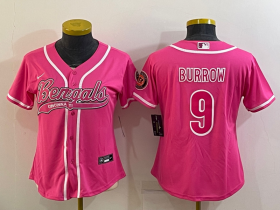 Wholesale Cheap Women\'s Cincinnati Bengals #9 Joe Burrow Pink With Patch Cool Base Stitched Baseball Jersey