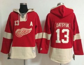 Wholesale Cheap Detroit Red Wings #13 Pavel Datsyuk Red Women\'s Old Time Lacer NHL Hoodie