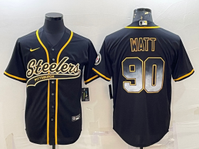 Wholesale Cheap Men\'s Pittsburgh Steelers #90 TJ Watt Black Gold With Patch Smoke Cool Base Stitched Baseball Jersey