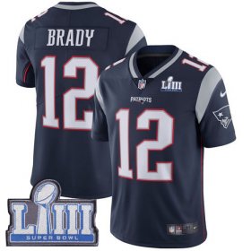 Wholesale Cheap Nike Patriots #12 Tom Brady Navy Blue Team Color Super Bowl LIII Bound Men\'s Stitched NFL Vapor Untouchable Limited Jersey
