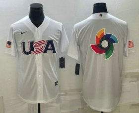 Cheap Men\'s USA Baseball 2023 White World Baseball Big Logo With Patch Classic Replica Stitched Jersey