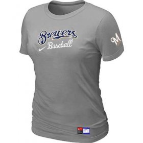 Wholesale Cheap Women\'s Milwaukee Brewers Nike Short Sleeve Practice MLB T-Shirt Light Grey