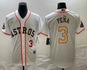 Cheap Men\'s Houston Astros #3 Jeremy Pena 2023 White Gold World Serise Champions Patch Cool Base Stitched Jerseys