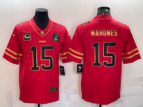 Wholesale Cheap Men\'s Kansas City Chiefs #15 Patrick Mahomes Red Gold With C Patch Stitched Football Jersey