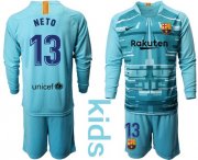 Wholesale Cheap Barcelona #13 Neto Light Blue Goalkeeper Long Sleeves Kid Soccer Club Jersey