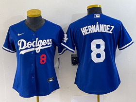 Wholesale Cheap Women\'s Los Angeles Dodgers #8 Kike Hernandez Number Blue Stitched Cool Base Nike Jersey