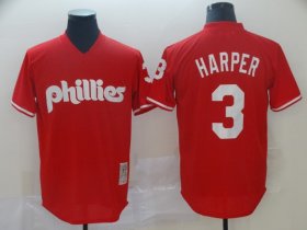 Wholesale Cheap Men\'s Philadelphia Phillies #3 Bryce Harper Red Throwback Mesh Batting Practice Stitched MLB Jersey