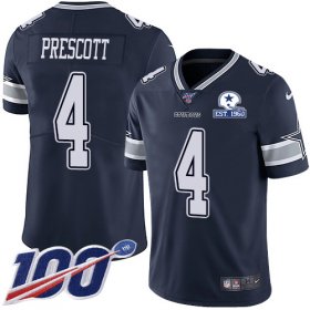Wholesale Cheap Nike Cowboys #4 Dak Prescott Navy Blue Team Color Men\'s Stitched With Established In 1960 Patch NFL 100th Season Vapor Untouchable Limited Jersey
