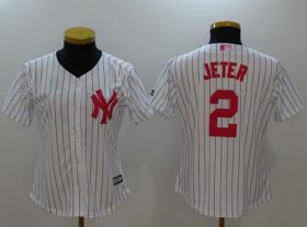 Wholesale Cheap Yankees #2 Derek Jeter White Strip Mother\'s Day Cool Base Women\'s Stitched MLB Jersey