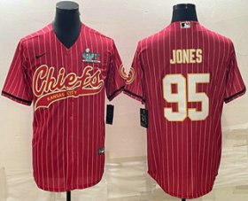 Cheap Men\'s Kansas City Chiefs #95 Chris Jones Red Pinstripe With Super Bowl LVII Patch Cool Base Stitched Baseball Jersey