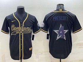 Wholesale Cheap Men\'s Dallas Cowboys #4 Dak Prescott Black Gold Team Big Logo With Patch Cool Base Stitched Baseball Jersey