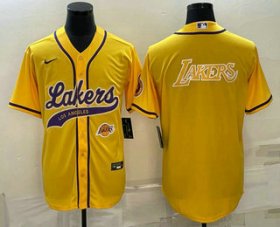 Cheap Men\'s Los Angeles Lakers Yellow Big Logo With Patch Cool Base Stitched Baseball Jerseys